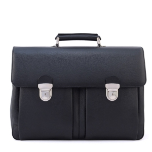 mens italian leather briefcase with front pockets in black