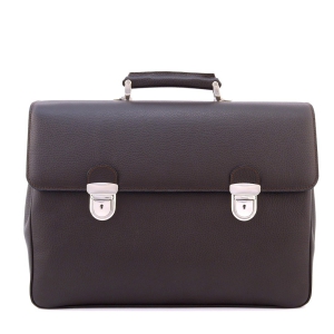 mens leather briefcase with flap and pushlock in dark brown