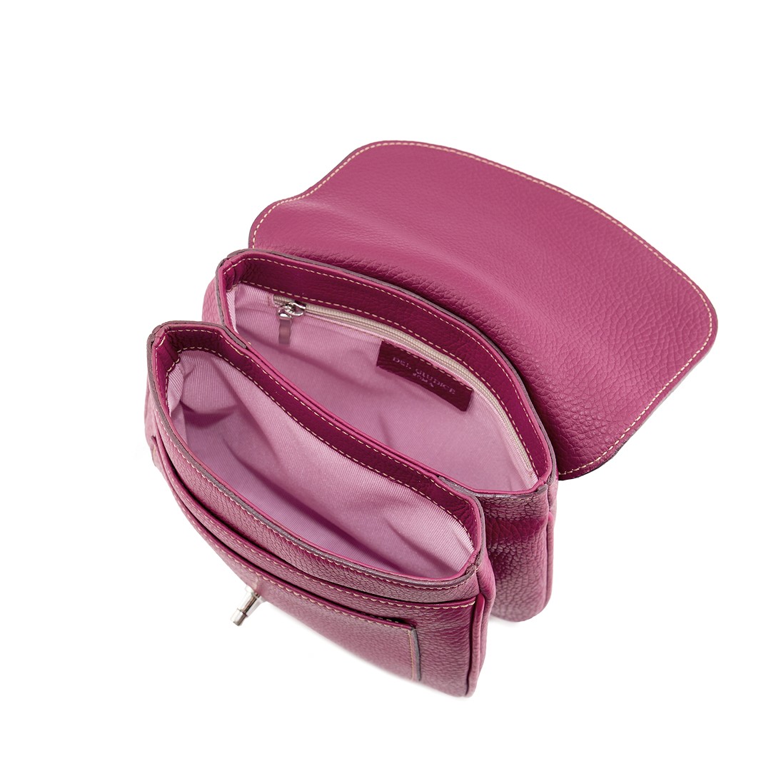 Small leather crossbody bag, interior view showing compartments – Chiara