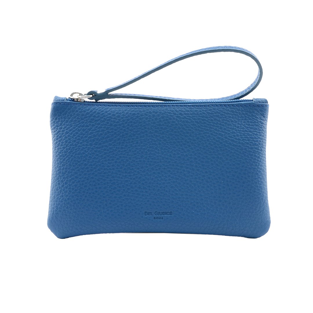 Italian leather wristlet pouch with zip and wrist strap blue