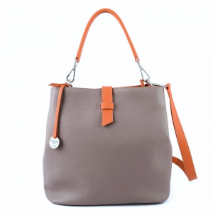 Lavinia-borsa spalla in pelle artigianale per donna colore tortora con finiture arancioni-sku 2918