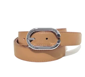 Beige women’s leather belt, 3 cm wide, oval silver buckle, handmade in Italy for casual and formal pants.