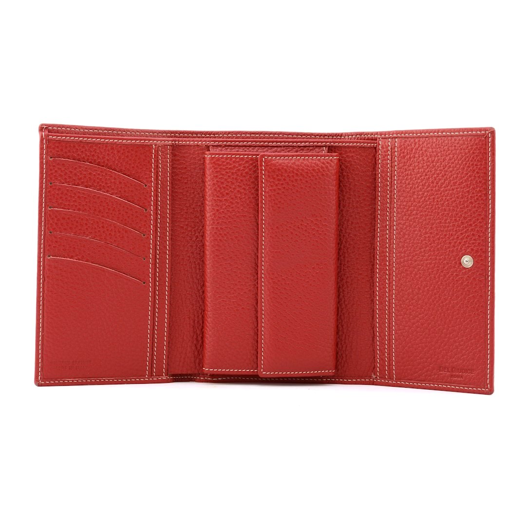Open women’s trifold wallet showing card slots and coin pocket