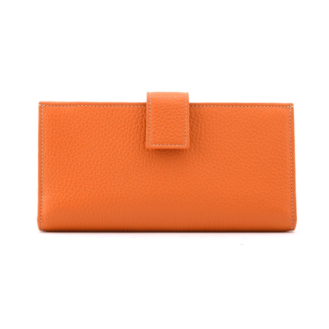 Thin wallet for women in orange pebbled leather