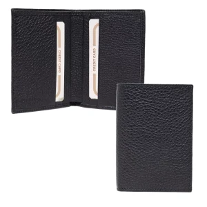 Italian pebbled leather bifold card holder in black, open and closed view