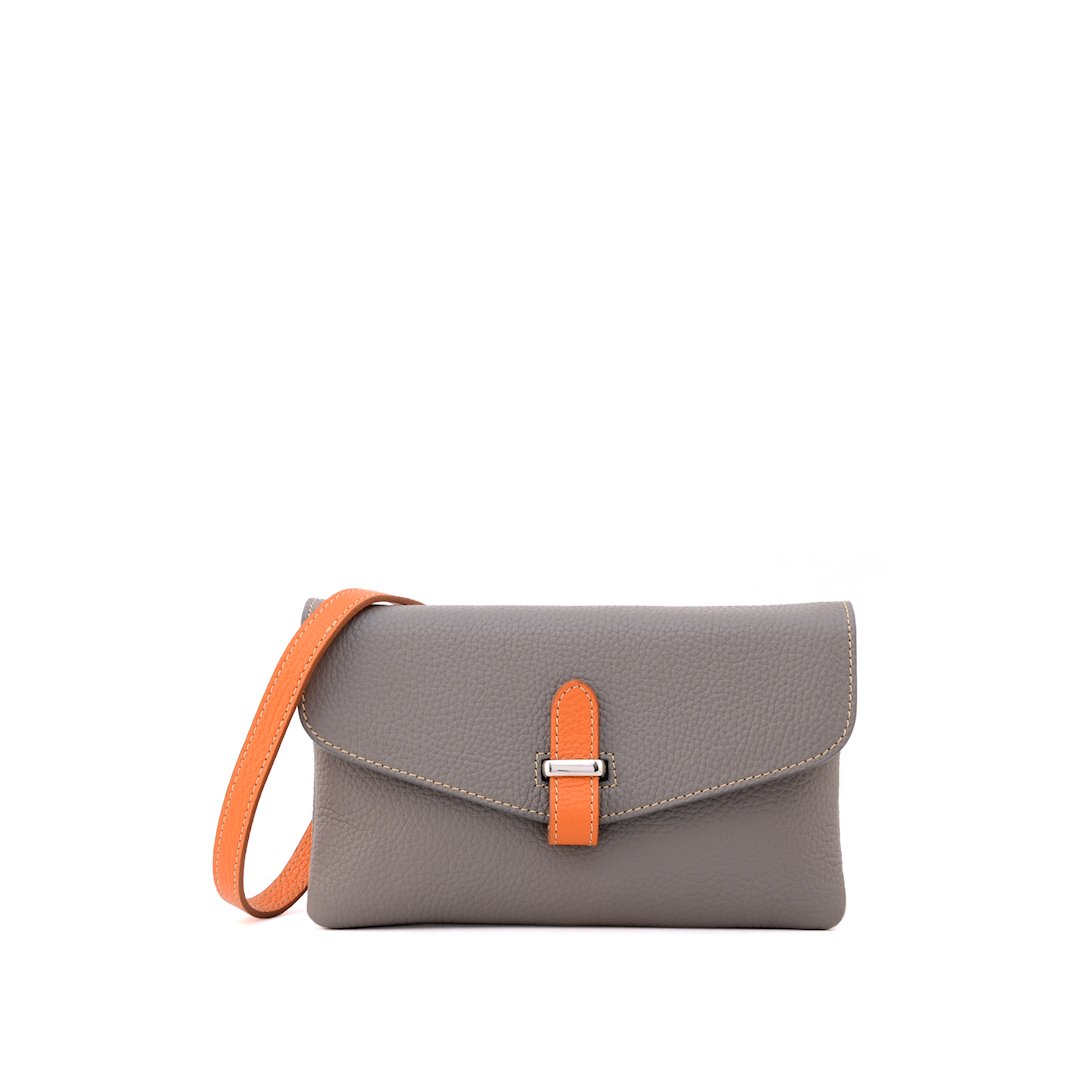 Lisa-borsetta a tracolla in pelle artigianale da donna colore tortora con finiture arancioni-sku 2887