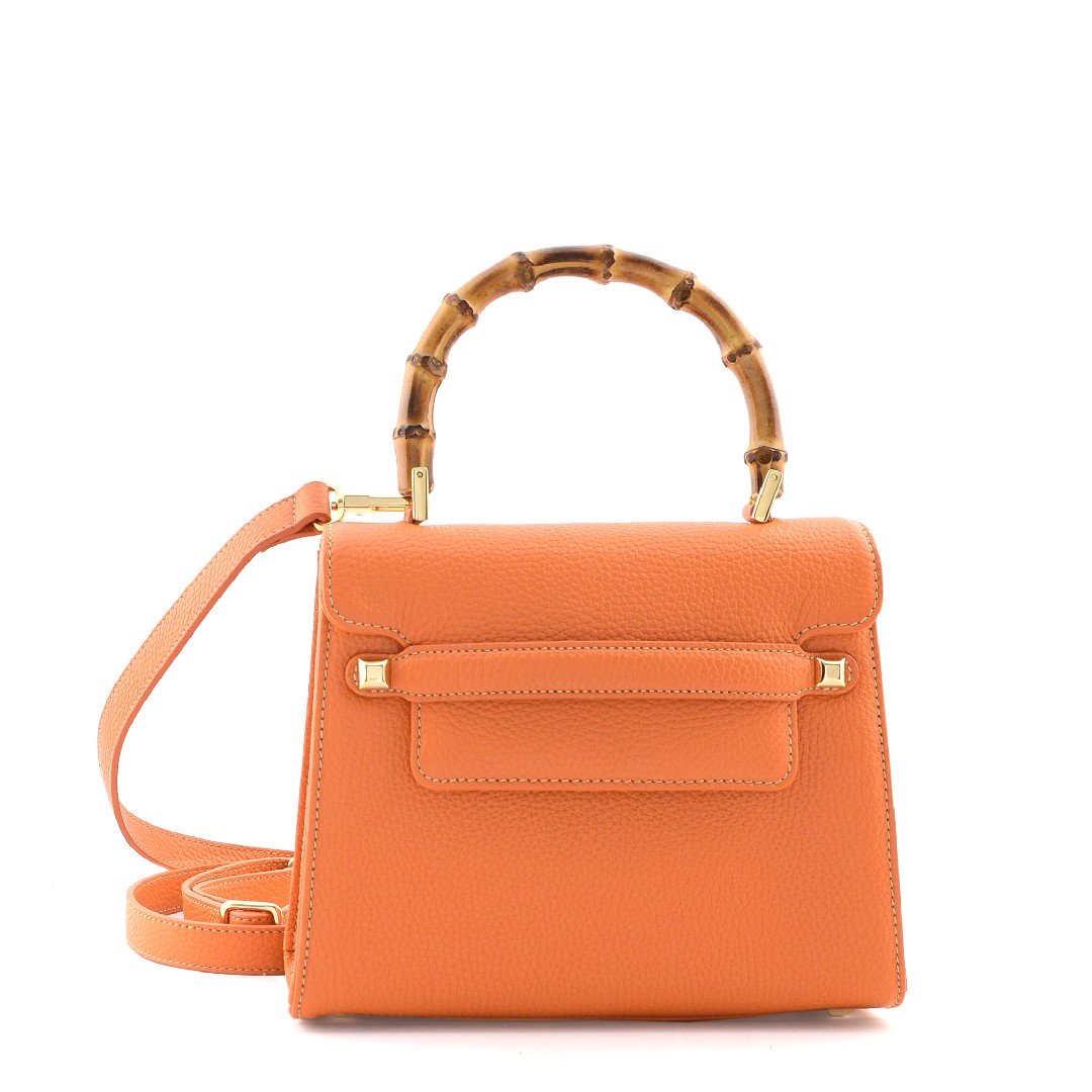 leather handbag with bamboo handle and shoulder strap