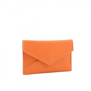 Handmade Italian leather business card holder in orange, customizable with monogram