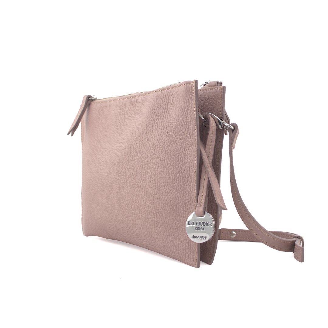 Side view of the Italian double zip leather crossbody bag showcasing its slim profile - Susan