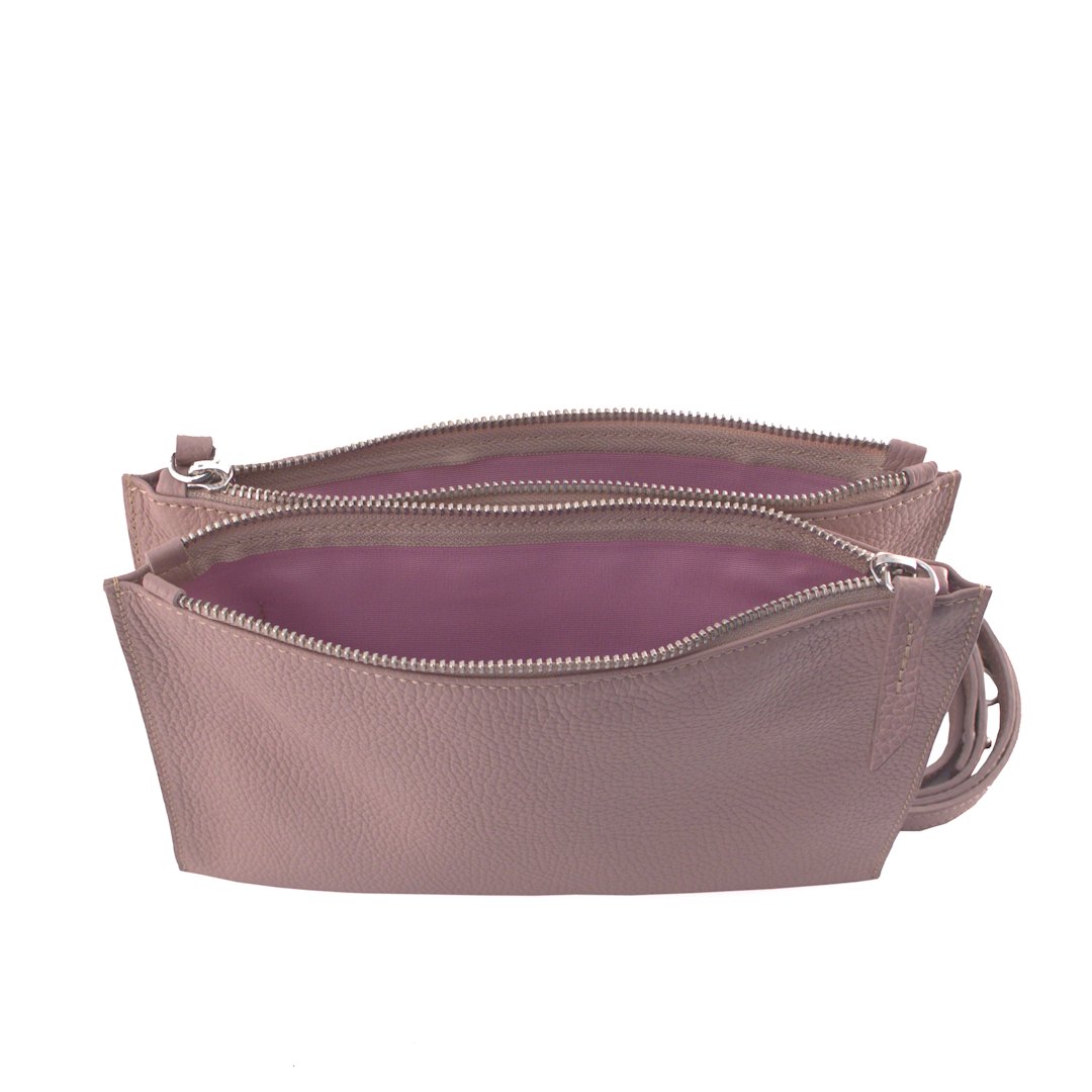 Open double zipper compartments of the Italian leather crossbody bag - Susan