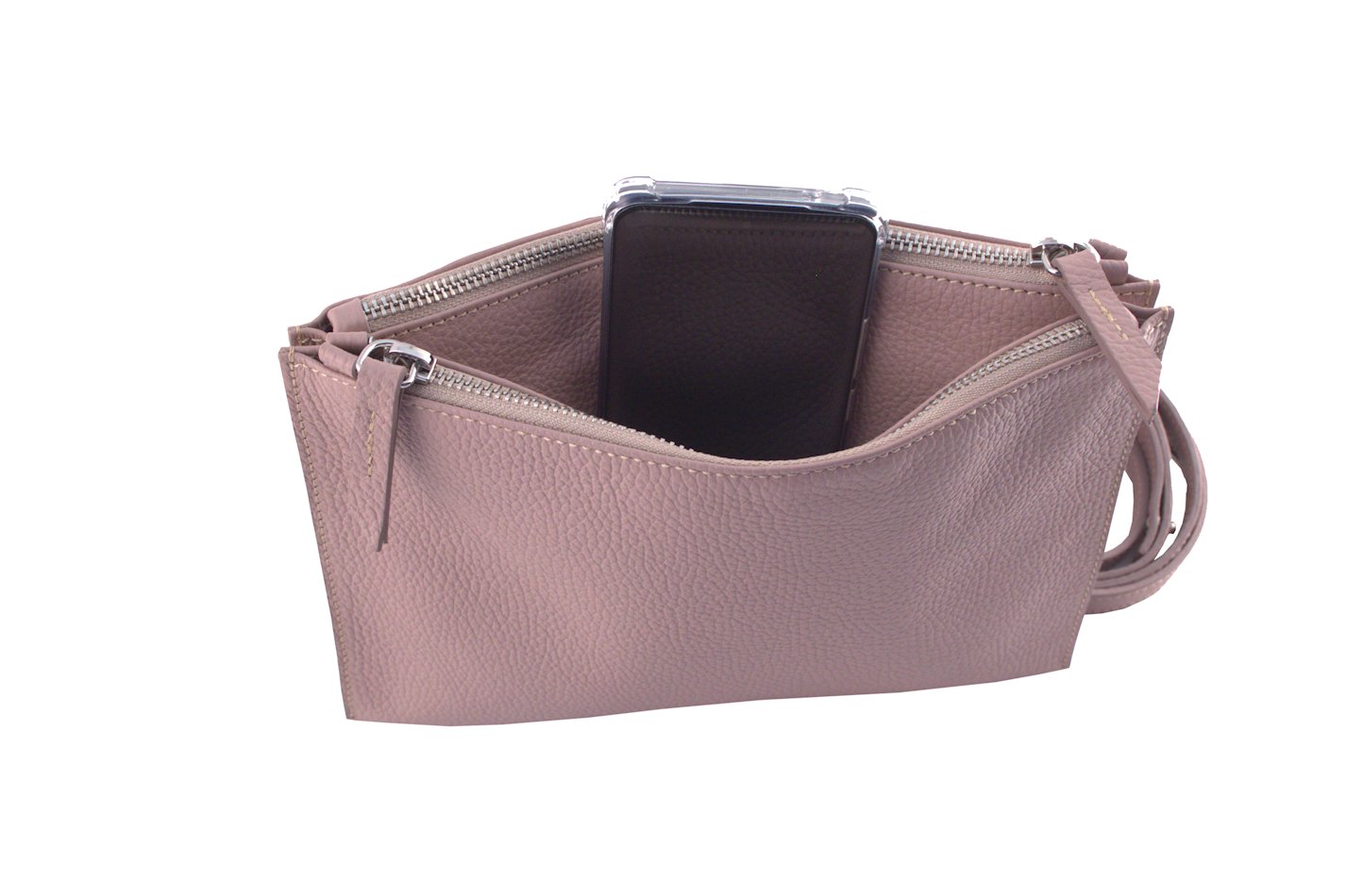 Central compartment of Italian leather crossbody bag with phone inside - Susan
