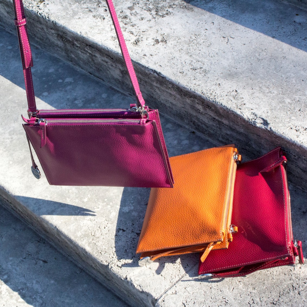Double Zipper Crossbody Bags Susan in Magenta, Cherry and Orange on our photoshoot in EUR Rome