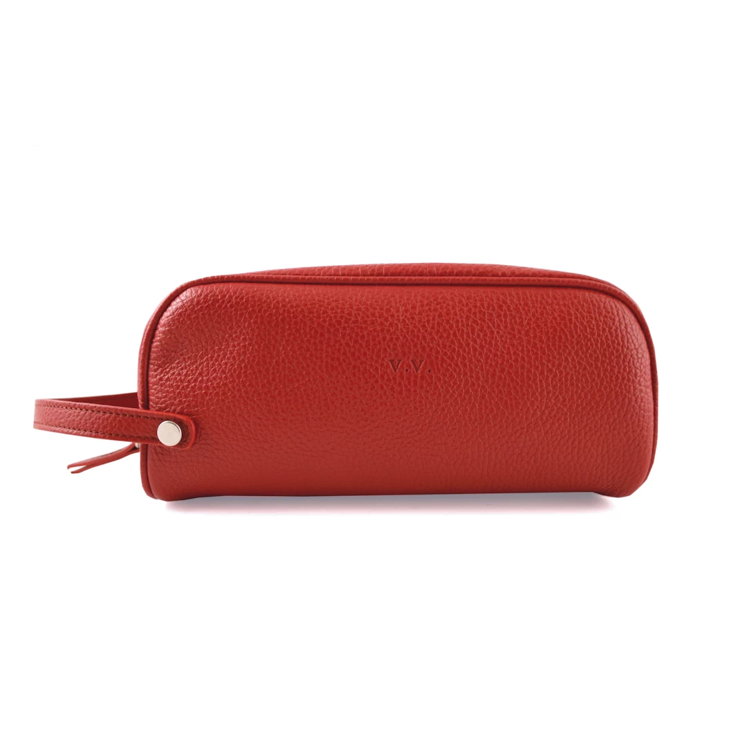 Personalized red leather toiletry bag with initials