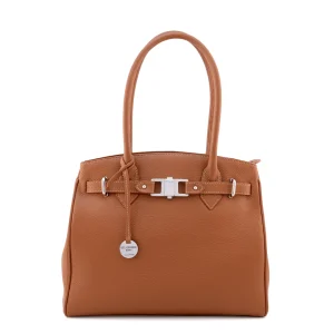 Italian leather handbag with compartments, brown