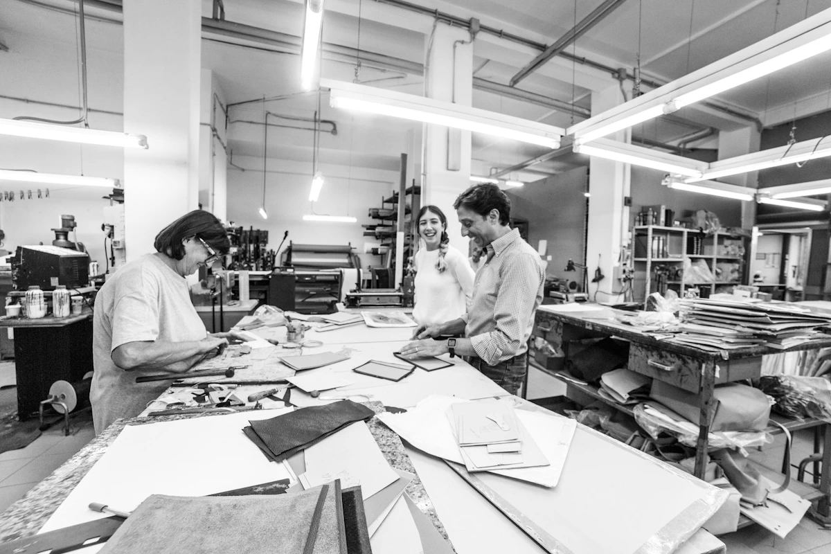Handmade italian leather bags in progress, by Italian leather artisans, at Del Giudice leather workshop in Rome