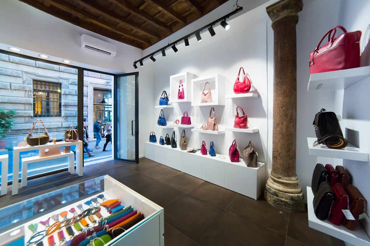 Entrance of our leather shop in Rome, showcasing handmade Italian leather goods.