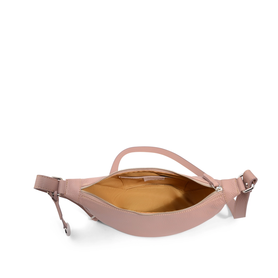 top view of crescent bag with zip-top closure