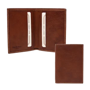 Slim bifold vegetable-tanned leather card holder in brown, open and closed view