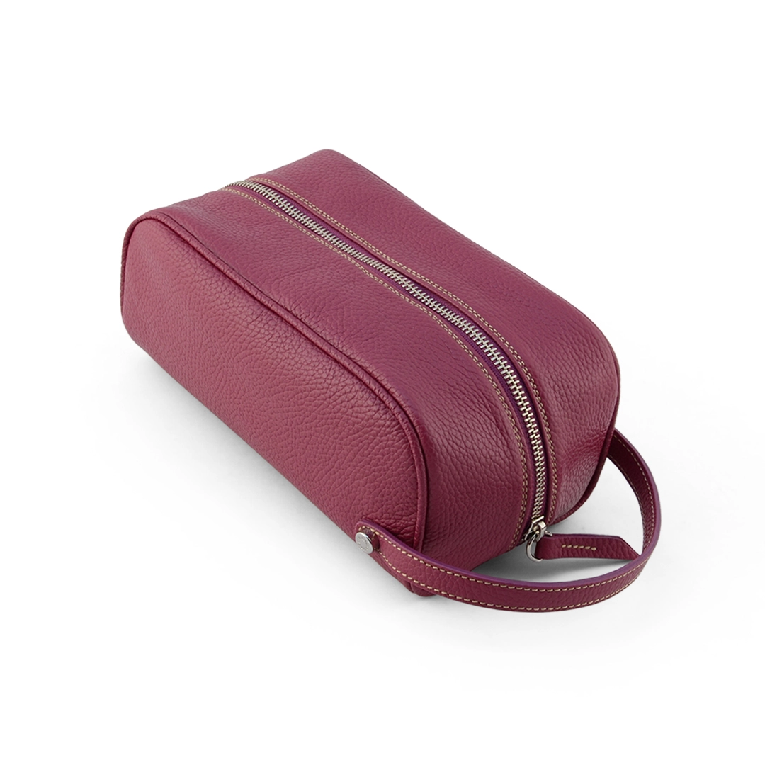 Customized Italian leather toiletry bag for men – handmade travel dopp kit magenta