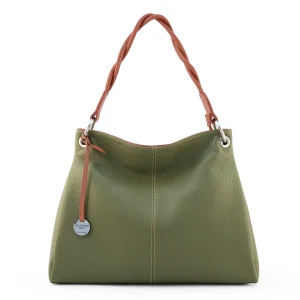 Borsa a spalla da donna in pelle artigianale colore verde bosco con finiture in cuoio