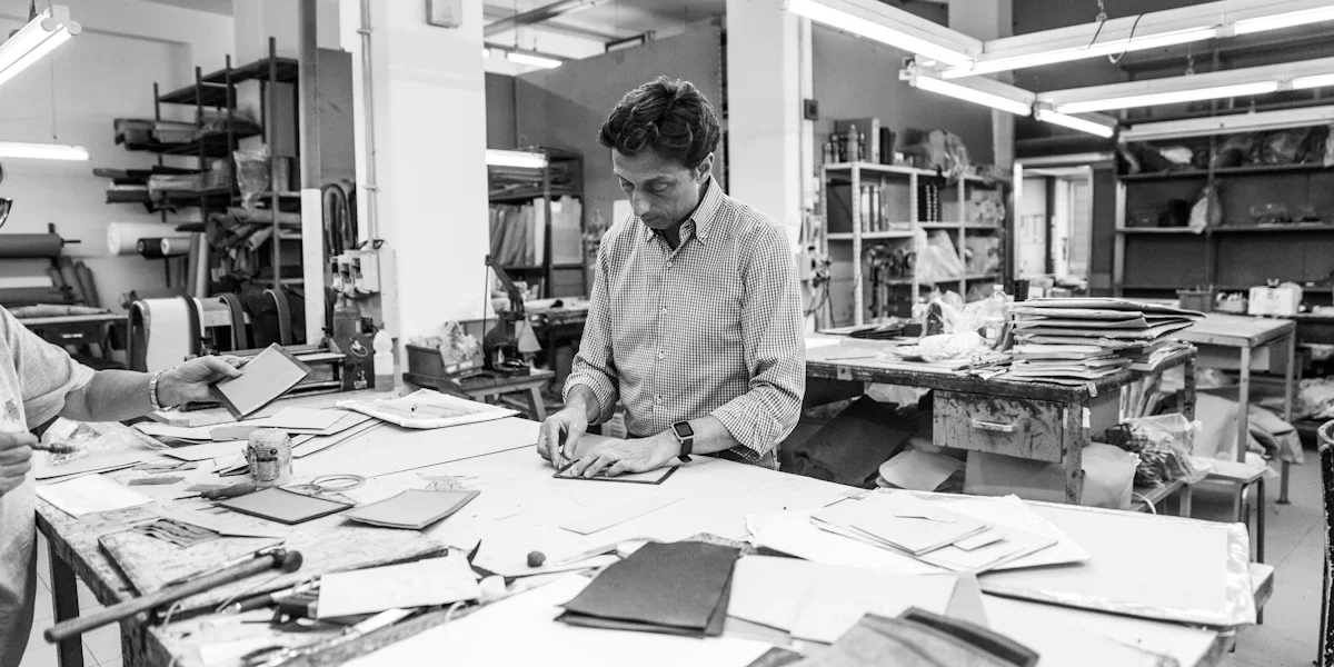 Artisan crafting handmade Italian leather bags in the Del Giudice leather workshop in Rome